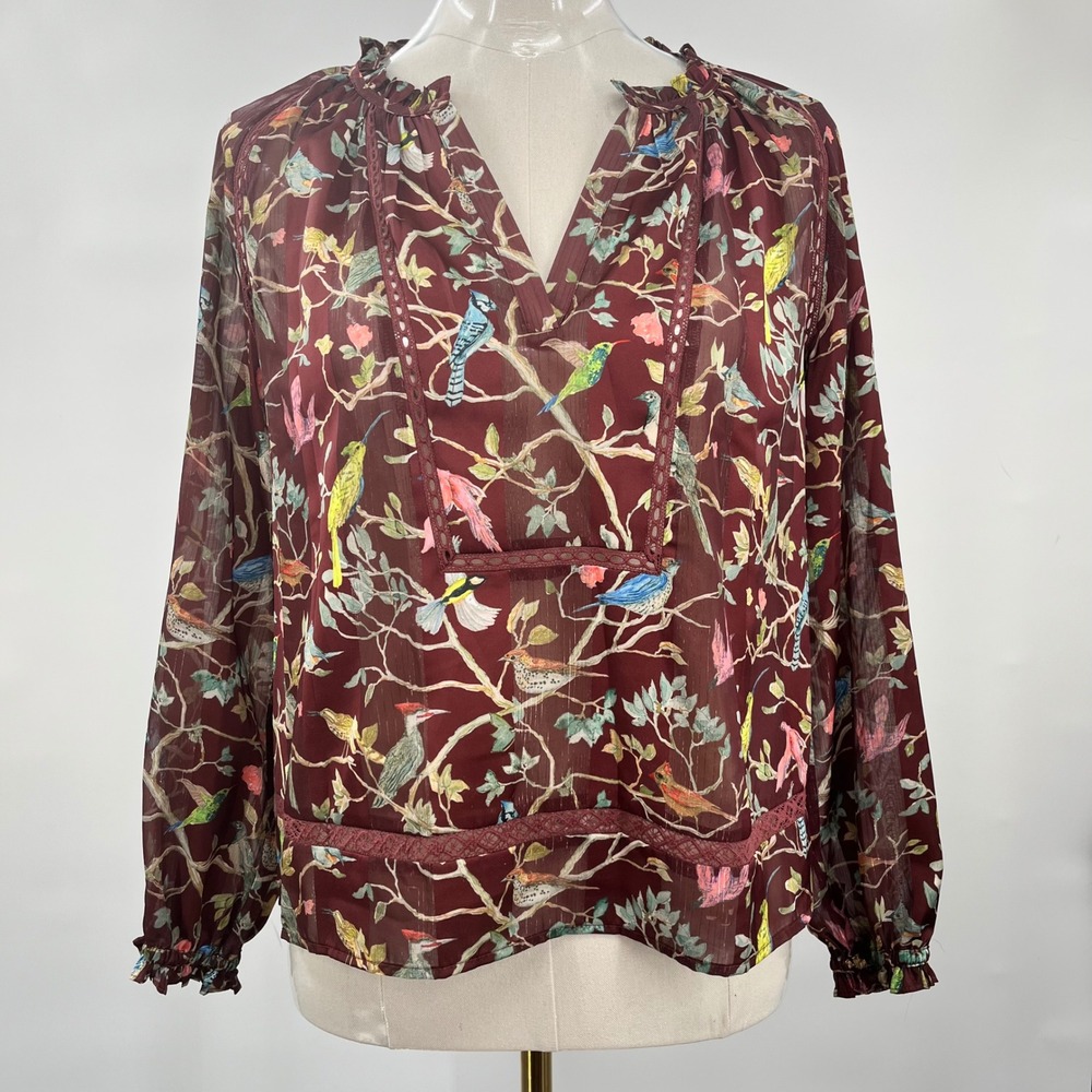Point Sur J.Crew Blouse Womens XS Burgundy Bird Print Metallic Lace - Picture 2 of 11